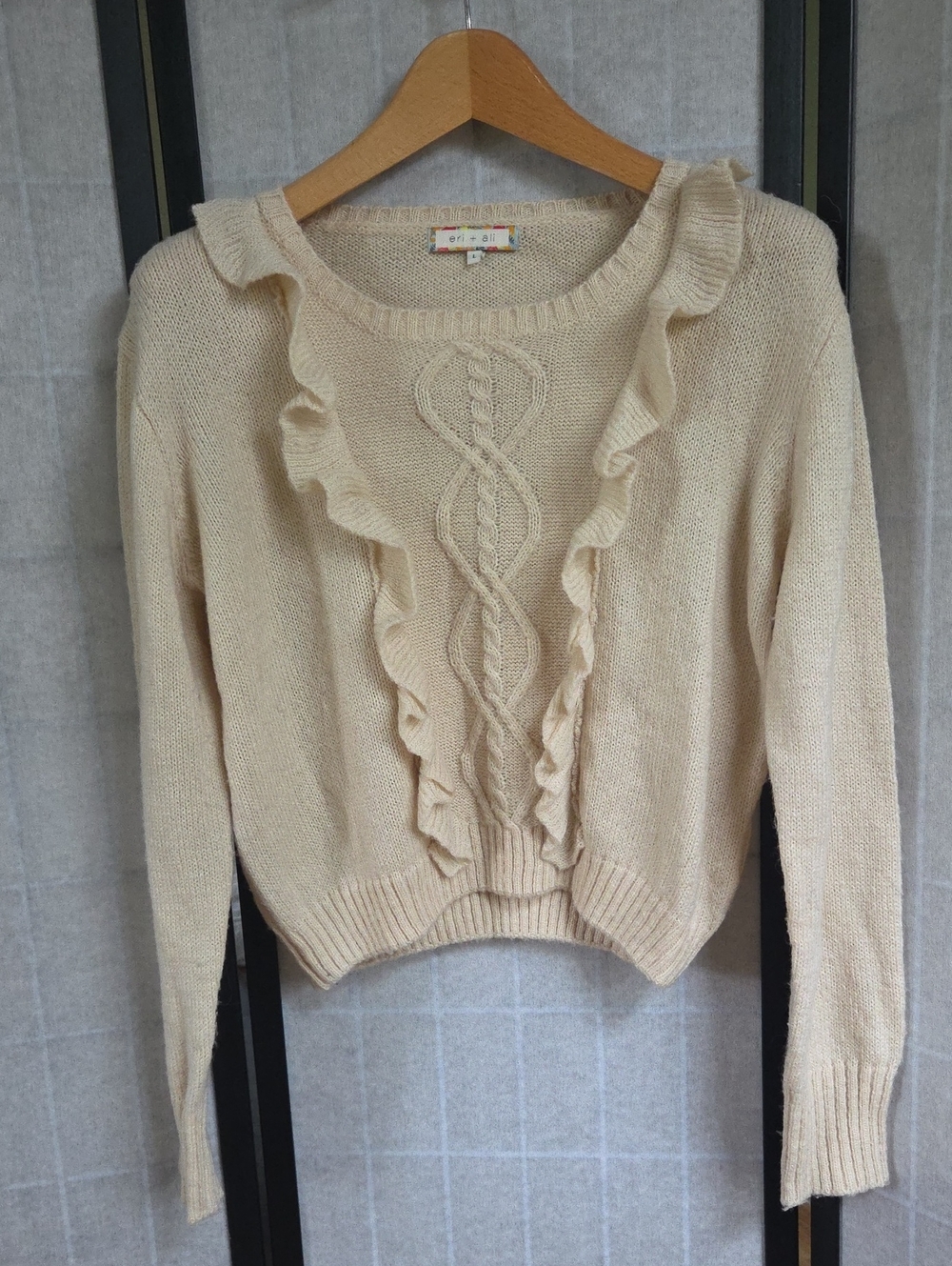 Eri + Ali Anthropologie Ruffle Front Cable Knit Sweater Cream
